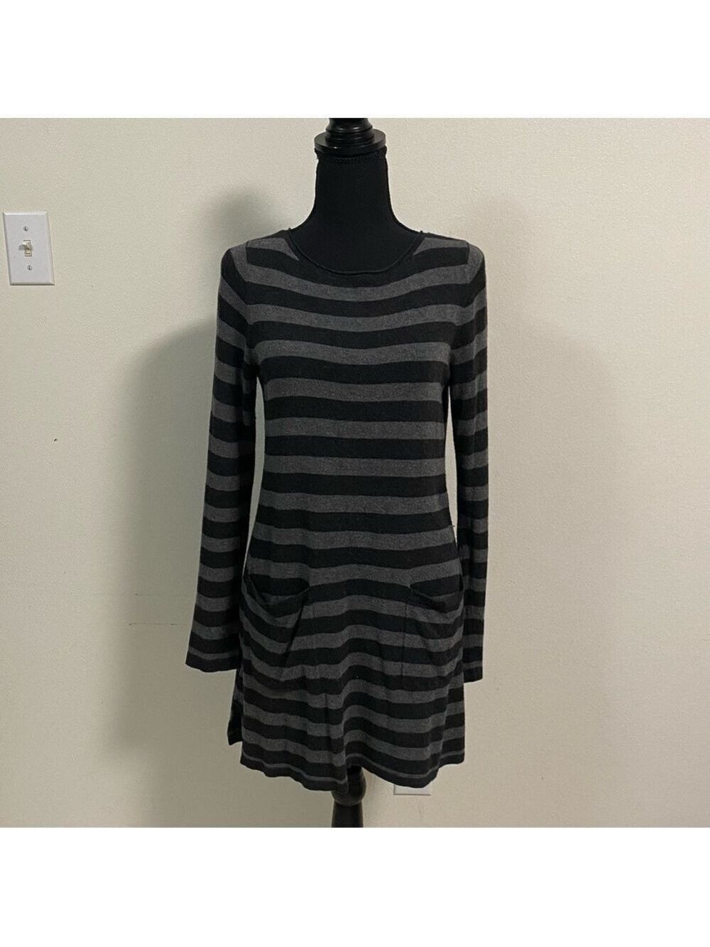 Eileen Fisher Dress Womens Size XS Black Gray stripe Viscose Stretch Tunic Dress